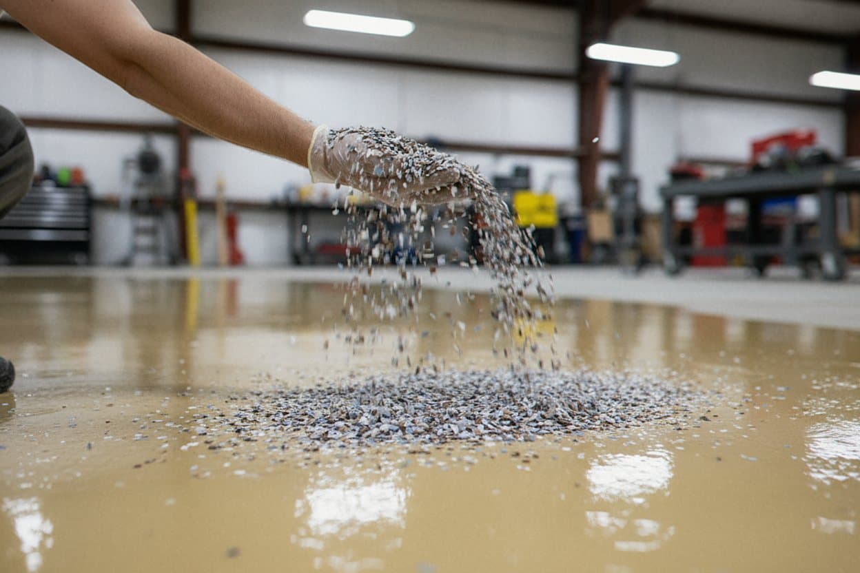 Vinyl flake mix dropping into wet epoxy base.