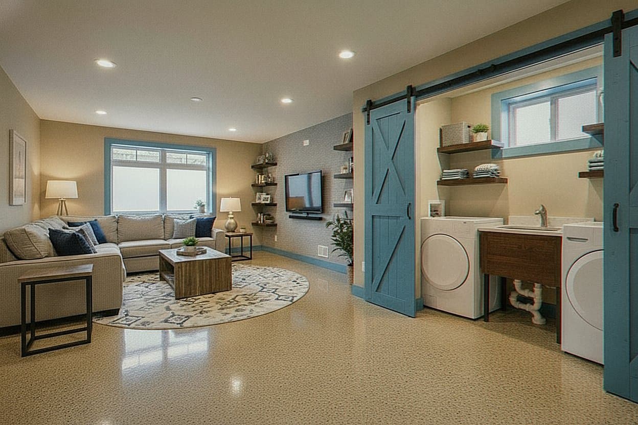 Two-car garage finished with flake epoxy floor.