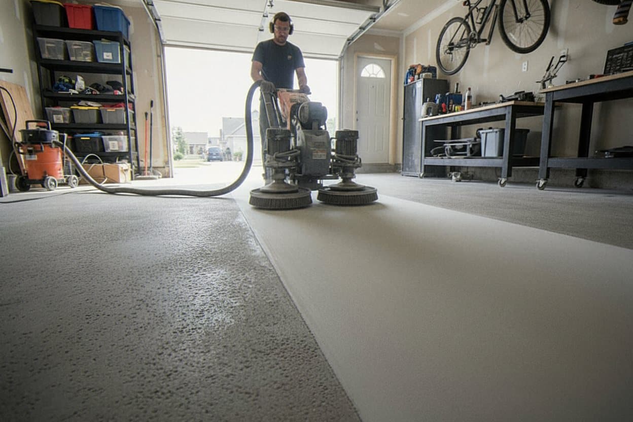 Planetary grinding opens slab for epoxy grip.