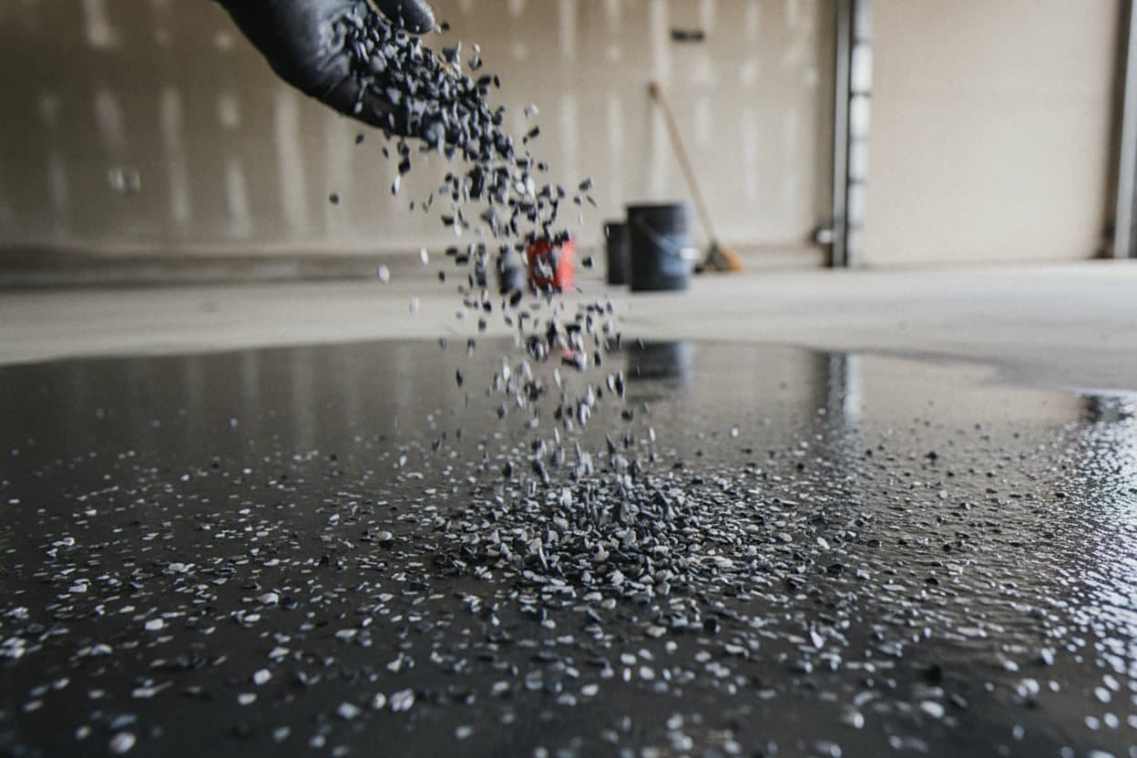 Flake broadcast during wet epoxy application.