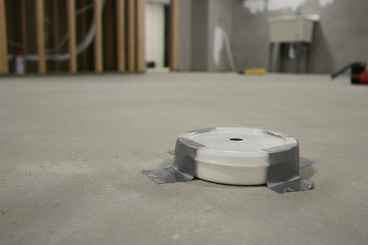 Calcium chloride disc measures moisture on slab.