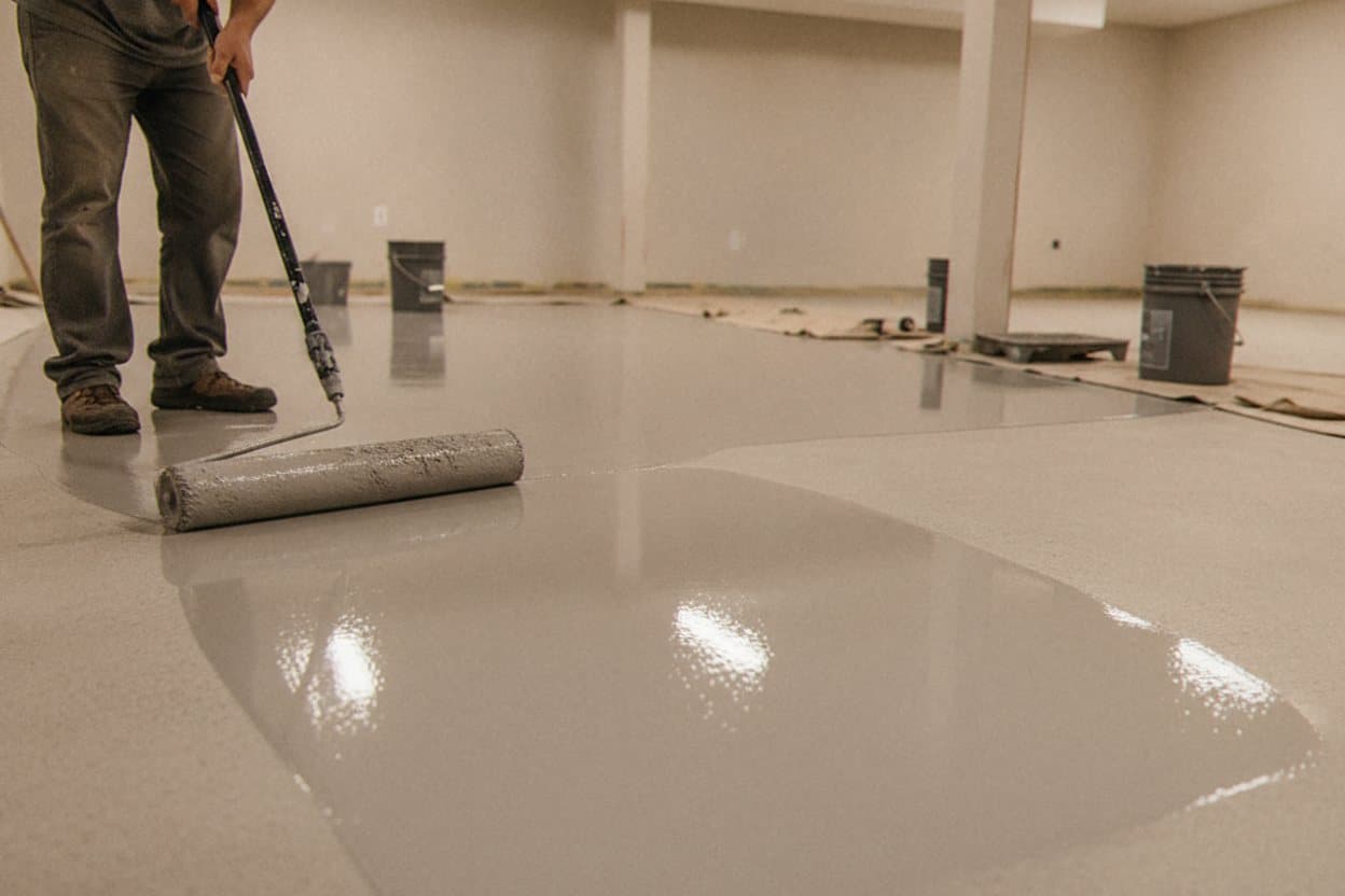 Epoxy primer application on prepped concrete.
