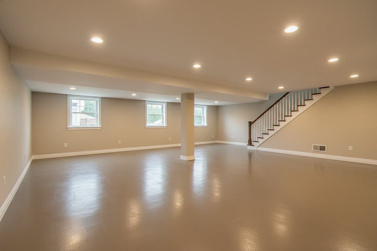 Complete basement under bright epoxy coating.