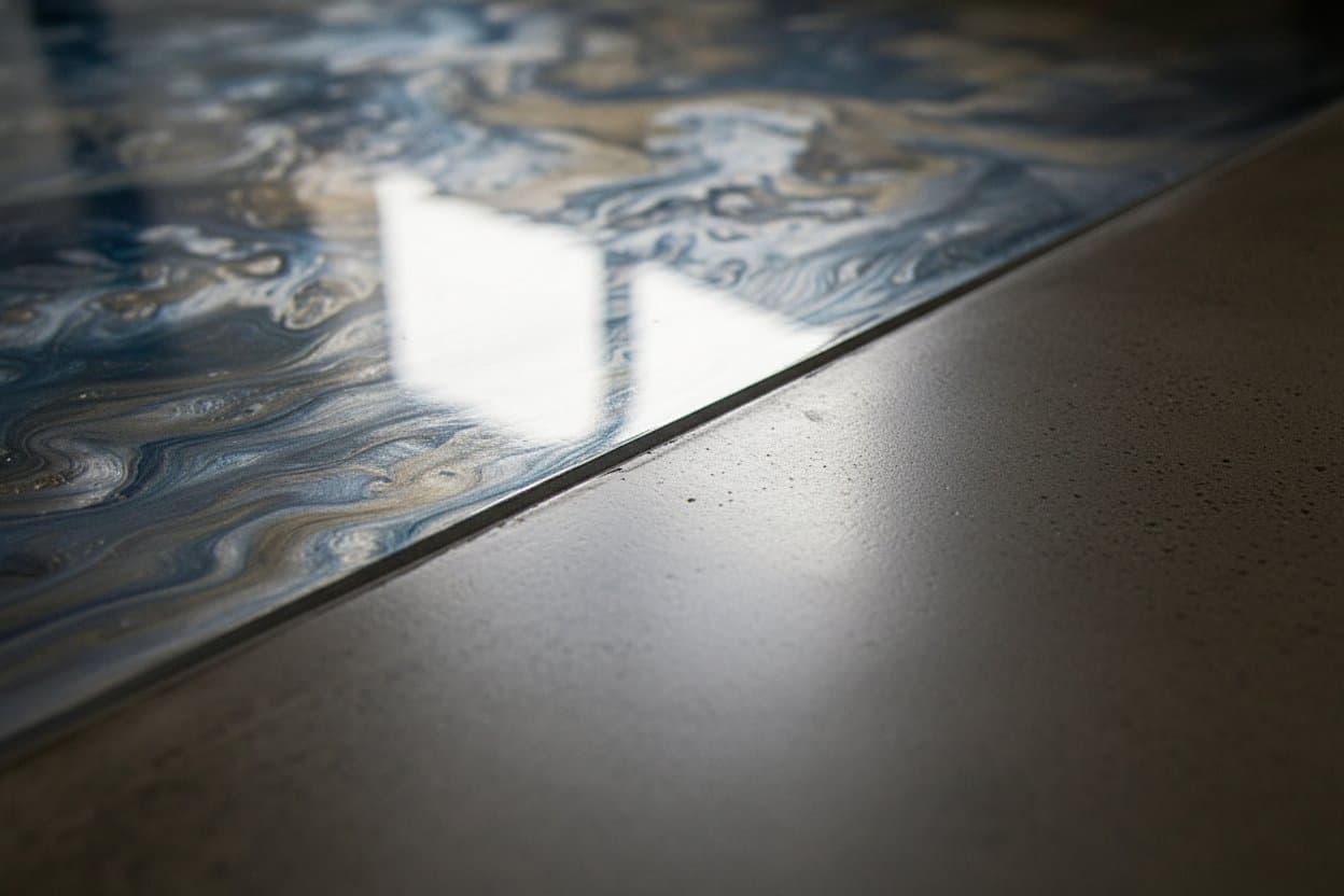Clean edge where metallic epoxy meets concrete.