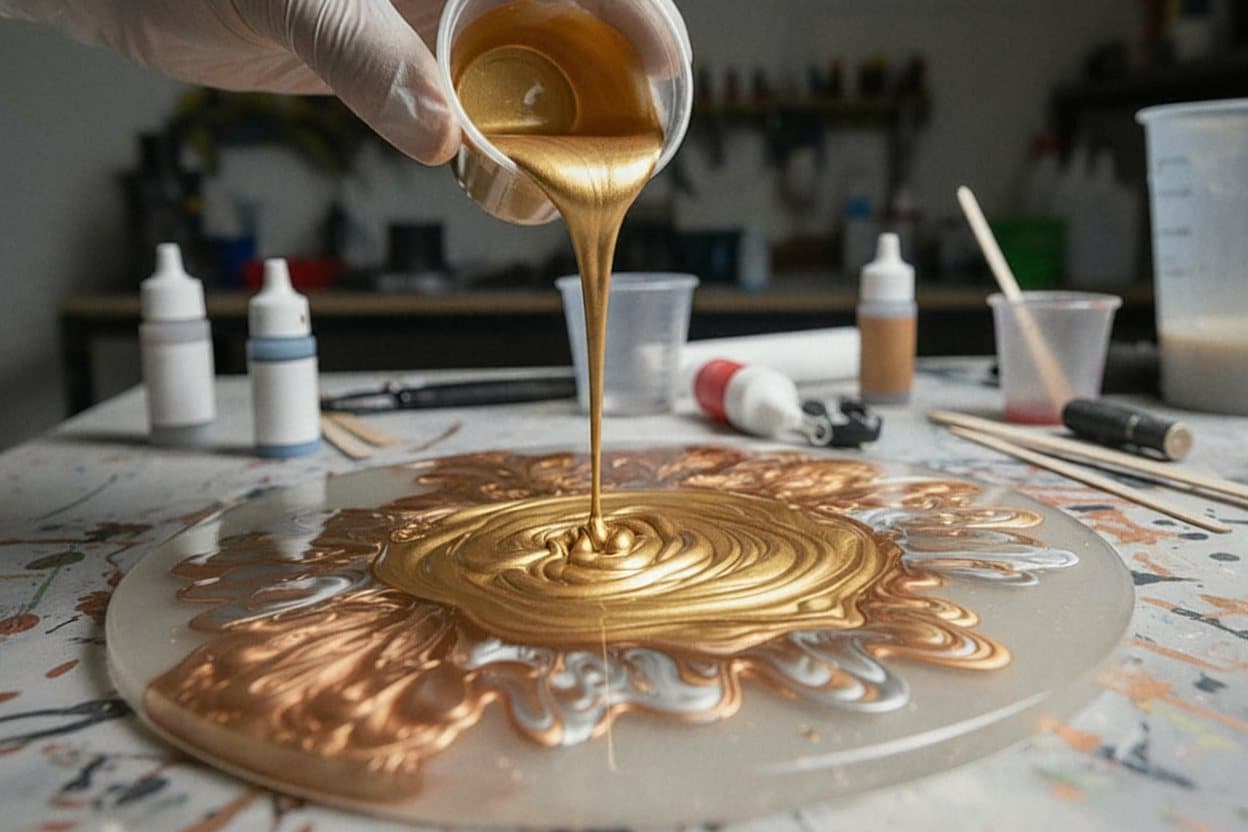 Trowel creates swirl patterns in metallic resin.