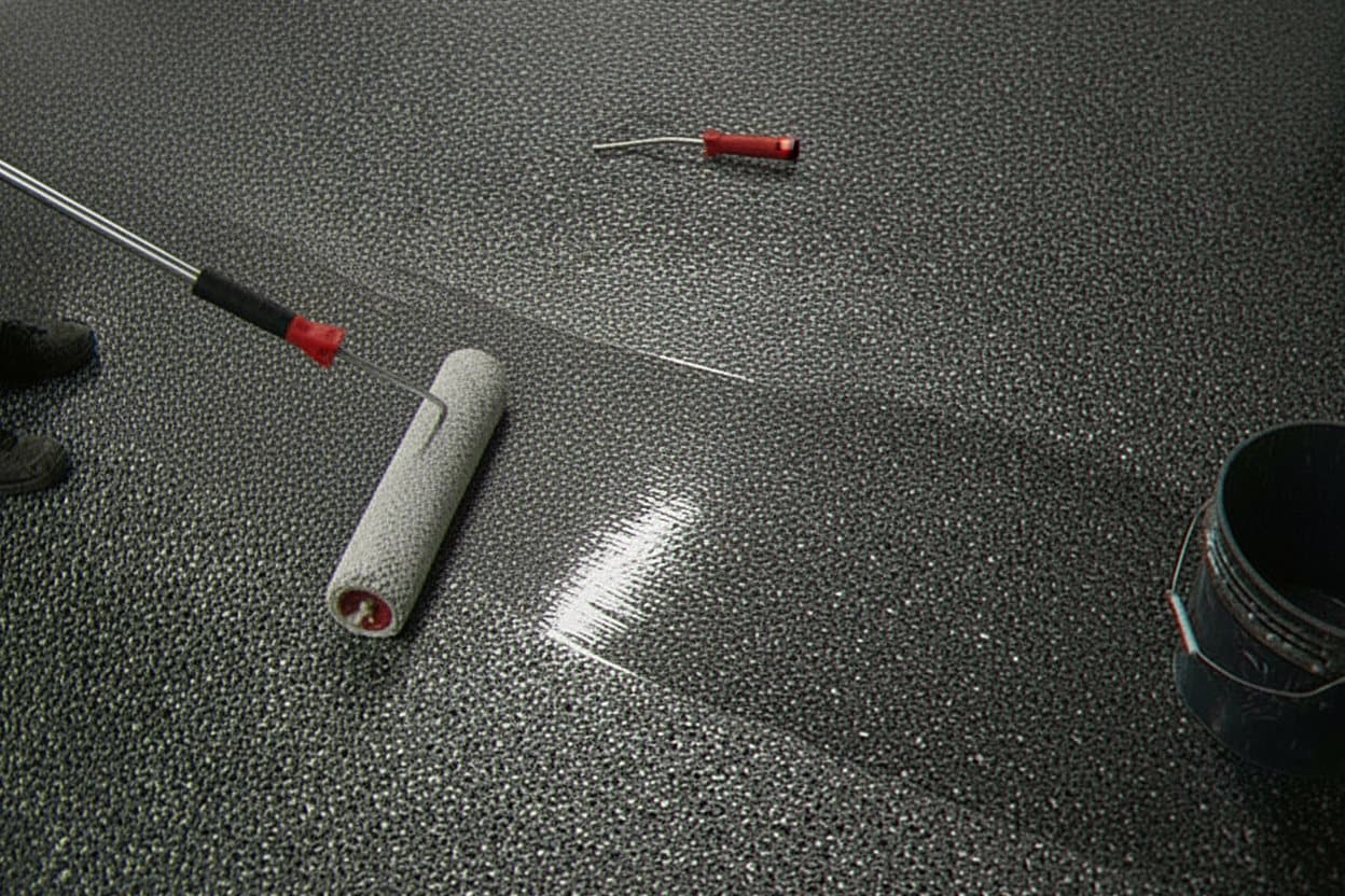 Roller applies clear polyaspartic over flake base.