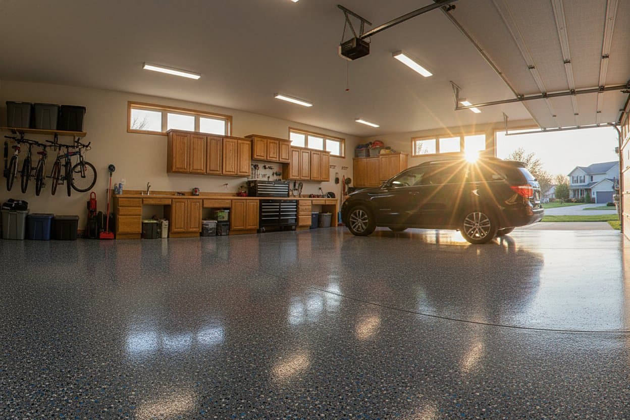 Finished garage with glassy polyaspartic floor.